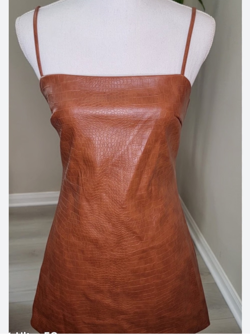 Faux Croc Leatherette Spaghetti Strap Mini Dress in Cognac